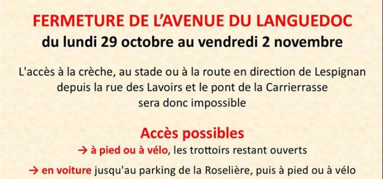 Fermeture de l'avenue du Languedoc à Vendres